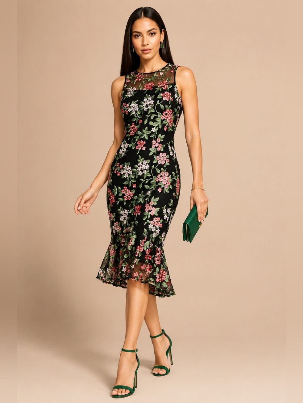 NWT Calvin Klein Black Sheath Midi Dress w/ Pink & Green Floral Embroidery Sz 16